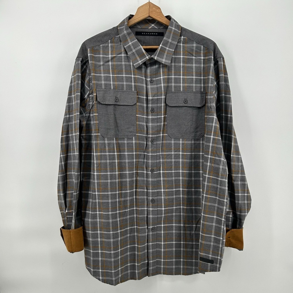 Sean John Shirt Mens 3XL Plaid Gray Flip Cuff Button Up Streetwear NWT MSRP $79